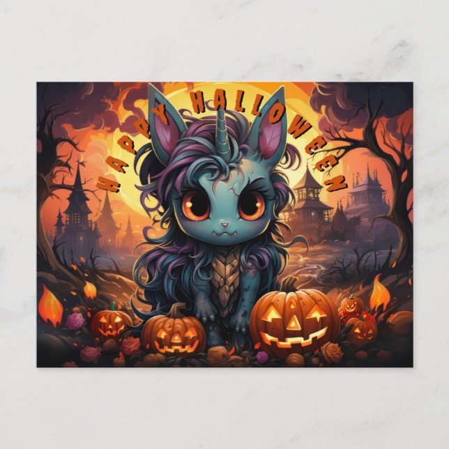 Spoky Halloween Unicorn in Pumpkin Patch Helg Vykort (Framsida)