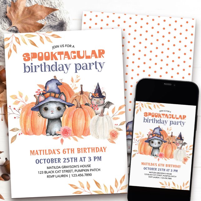 Spooktacular Black Cat Pumpkin Patch Birthday Inbjudningar (Cute Spooktacular Birthday invitation with black cat and pumpkins)