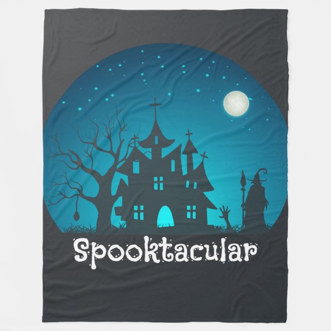 Spooktacular Blue and Black Haunted House Fleecefilt (Framsidan)