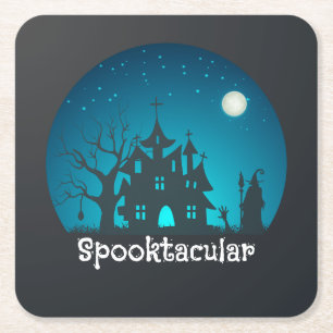 Spooktacular Blue and Black Haunted House Underlägg Papper Kvadrat