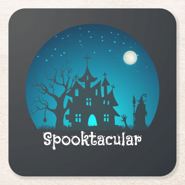 Spooktacular Blue and Black Haunted House Underlägg Papper Kvadrat (Framsidan)