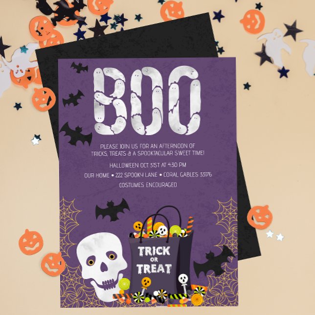 Spooktacular Bus eller godis Kids Party Inbjudan (Spooktacular Kids Costume Halloween Party Invite)