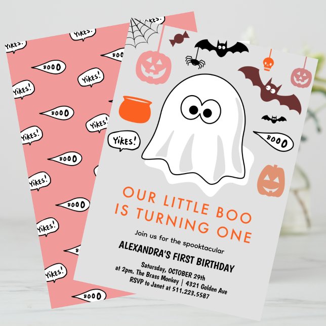 Spooktacular Cute Ghost Halloween 1 födelsedag Inbjudningar (Halloween-1st-birthday-Invitation-Spooktacular-Cute-Ghost-pink-1)