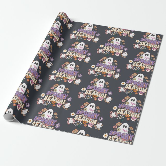 Spooktacular Cute Spöken och Flowers Groovy Black Presentpapper (Utrullad)