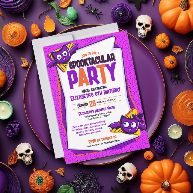 Spooktacular Fladdermus Birthday-inbjudan Inbjudningar (Spooky invite perfect for Halloween parties or birthdays. Purple invite featuring bat characters)