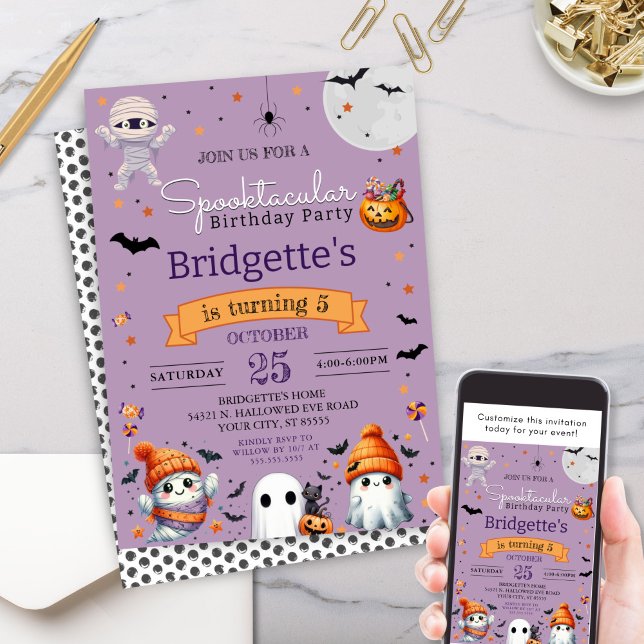Spooktacular Ghost Lila Halloween Födelsedagsfest Inbjudningar (Cute purple spooktacular birthday party halloween kids party invitation for class or costume party)