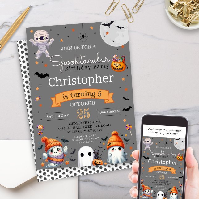 Spooktacular Ghost Orange Halloween Födelsedagsfes Inbjudningar (Personalized Halloween Birthday Party Invitations for costume party, kids trick or treat party idea)
