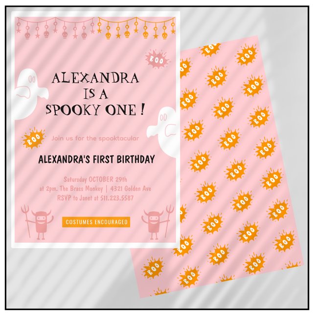 Spooktacular Halloween 1-födelsedagsinbjudningar Inbjudningar (Halloween-1st-birthday-invitations-Spooktacular-pink-1)