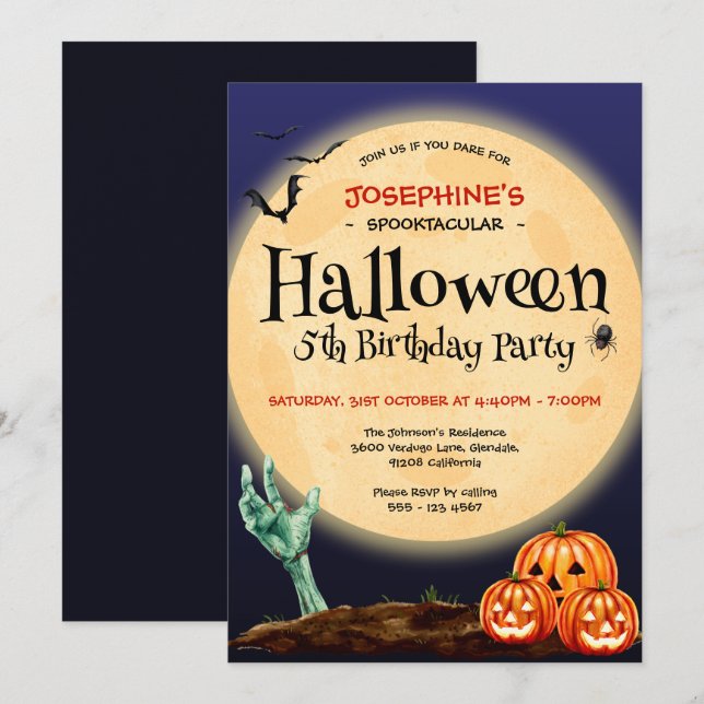 Spooktacular Halloween 5:e Födelsedagsfesten Inbjudningar (Fram/baksida)