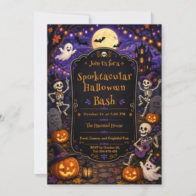 Spooktacular Halloween Bash Skeleton Pumpkin Party Inbjudningar (Framsida)