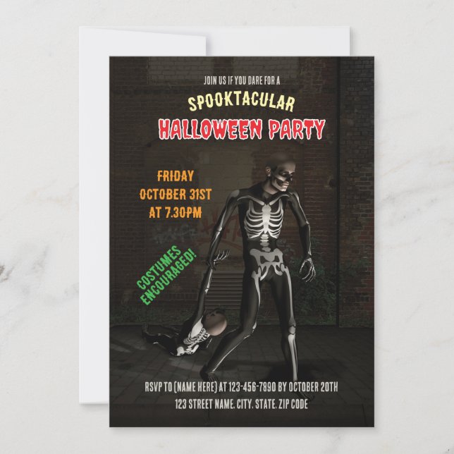 Spooktacular Halloween fest. Funny Skeletons Inbjudningar (Framsida)