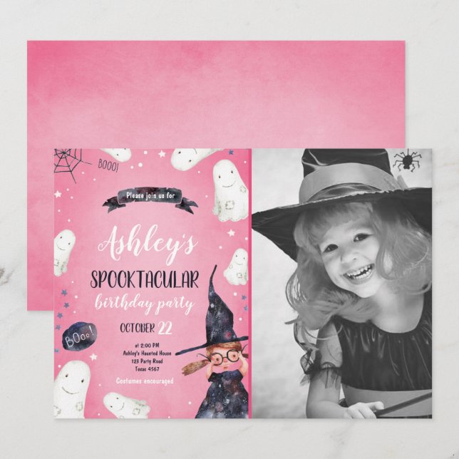 Spooktacular Halloween Witch Hat Ghost Birthday Inbjudningar (Fram/baksida)