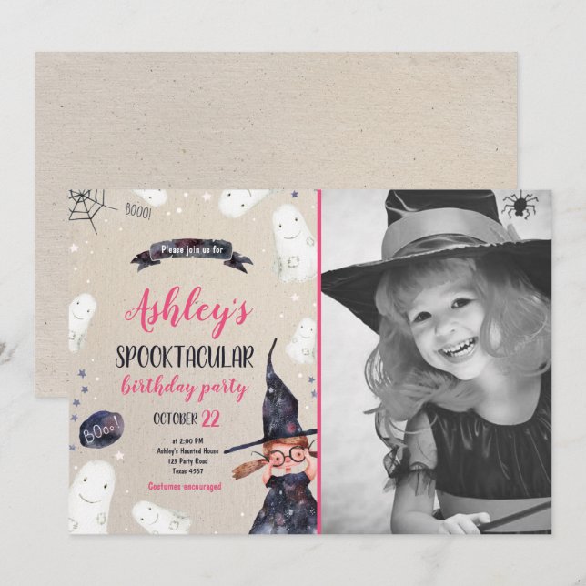 Spooktacular Halloween Witch Hat Ghost Birthday Inbjudningar (Fram/baksida)