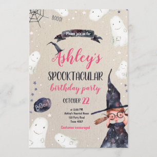 Spooktacular Halloween Witch Hat Ghost Birthday Inbjudningar