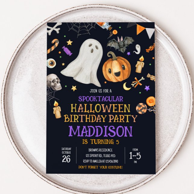 Spooktacular Kids Halloween Costume Födelsedagsfes Inbjudningar (Spooktacular Halloween Costume Birthday Party Invitation )