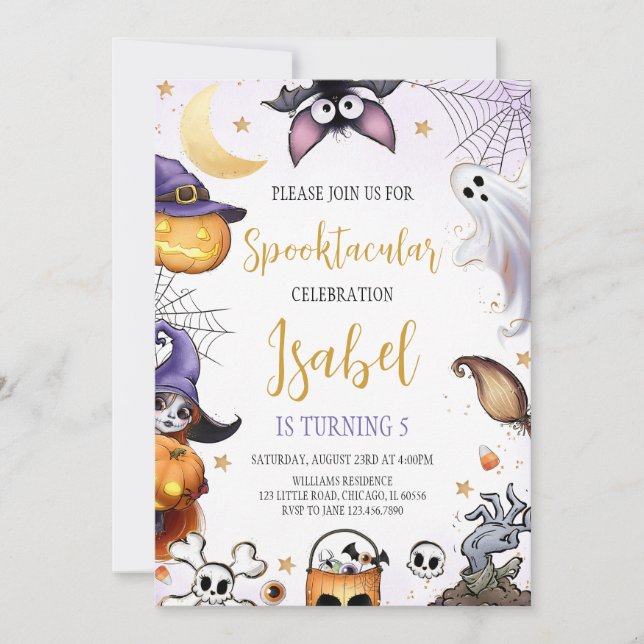 Spooktaculär Lila Halloween Birthday Inbjudningar (Framsida)