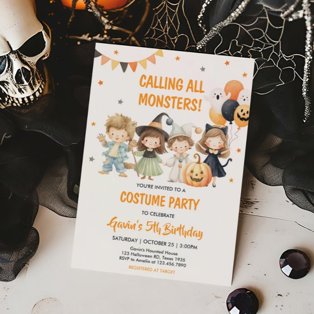 Spooktacular Monsters Halloween Costume Birthday Inbjudningar (Calling All Monsters Costume Halloween Birthday Party Invitation)