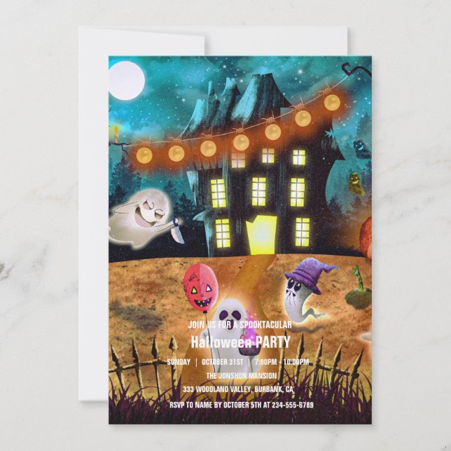 Spooktaculär Mörk Haunted House Halloween fest I Inbjudningar (Framsida)