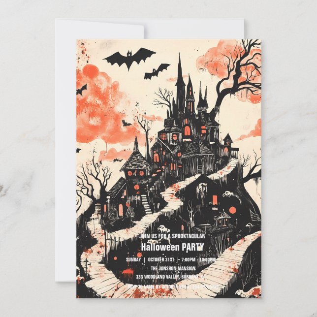 Spooktaculär Mörk Haunted House Halloween fest I Inbjudningar (Framsida)