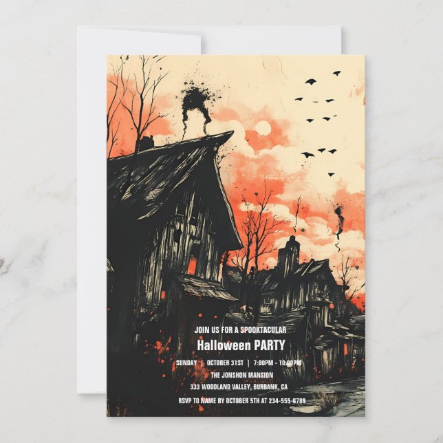 Spooktaculär Mörk Haunted House Halloween fest I Inbjudningar (Framsida)