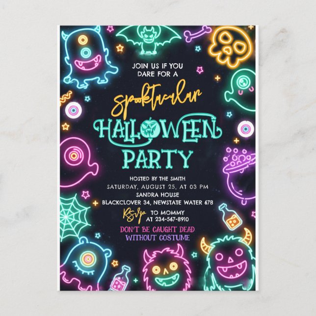 Spooktacular Neon Halloween Birthday-inbjudan Vykort (Framsida)