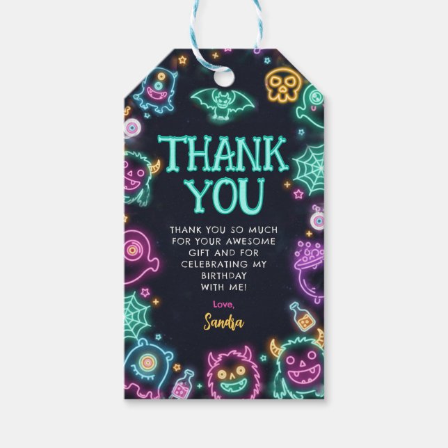 Spooktacular Neon Halloween Birthday Presentetikett (Framsidan)