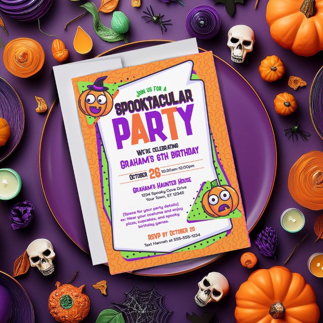 Spooktacular Pumpkins Birthday-inbjudan Inbjudningar (Spooky invite that is perfect for a Halloween party or birthday. Orange card featuring pumpkins)
