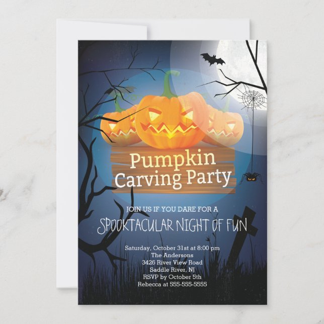Spooktacular rolig pumpa som snider partyet inbjudningar (Framsida)