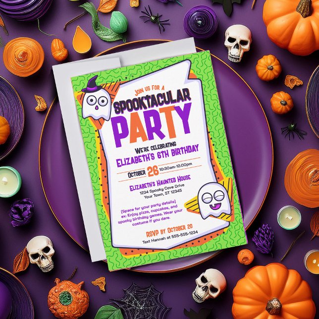 Spooktacular Spöken Grönt Birthday-inbjudan Inbjudningar (Spooky invites perfect for cute Halloween parties and birthdays. Green with ghost characters)