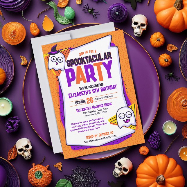 Spooktacular Spöken Orange Birthday-inbjudan Inbjudningar (Spooky invites perfect for cute Halloween parties and birthdays. Orange with ghost characters)