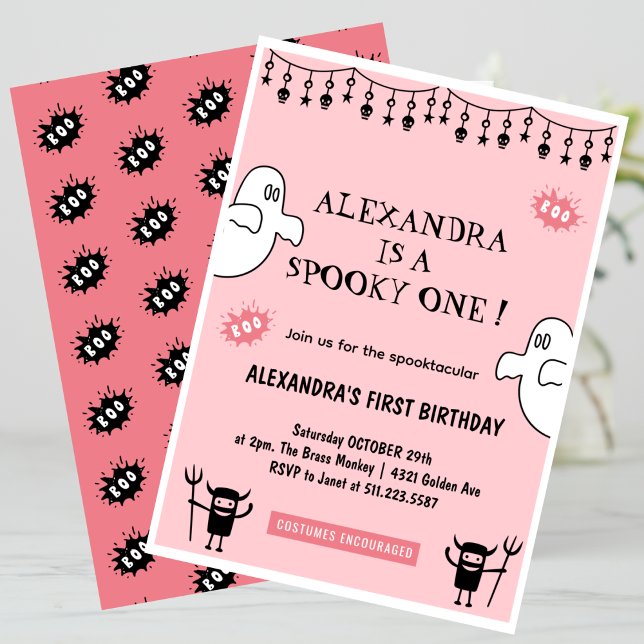 Spooktacular Spooky en Halloween-första födelsedag Inbjudningar (Halloween-1st-birthday-Invitation-Spooktacular-Spooky-one-pink-1)