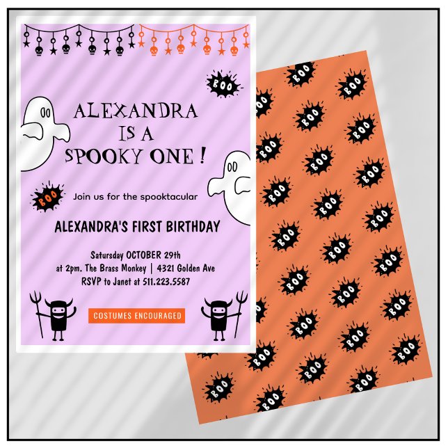Spooktacular Spooky en Halloween-första födelsedag Inbjudningar (Halloween-1st-birthday-Invitation-Spooktacular-Spooky-one-pink-orange-1)