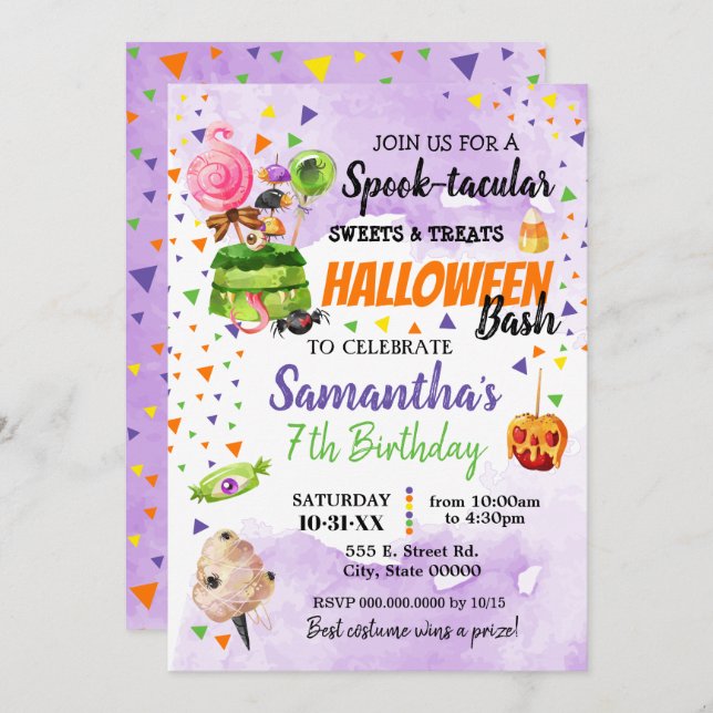 Spooktaculära godis och behandling av halloween-fö inbjudningar (Fram/baksida)