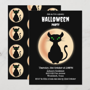 Spookussvart katt grönt ögon med måne Halloween Inbjudningar