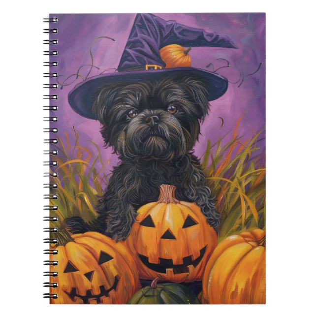 Spooky Affenpinscher Halloween Witch och Pumpkin Anteckningsbok (Framsidan)