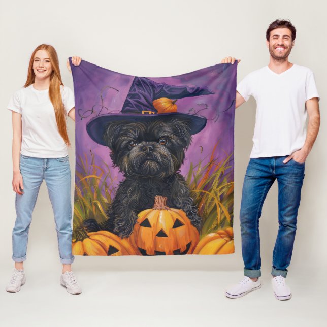 Spooky Affenpinscher Halloween Witch och Pumpkin Fleecefilt (På plats)