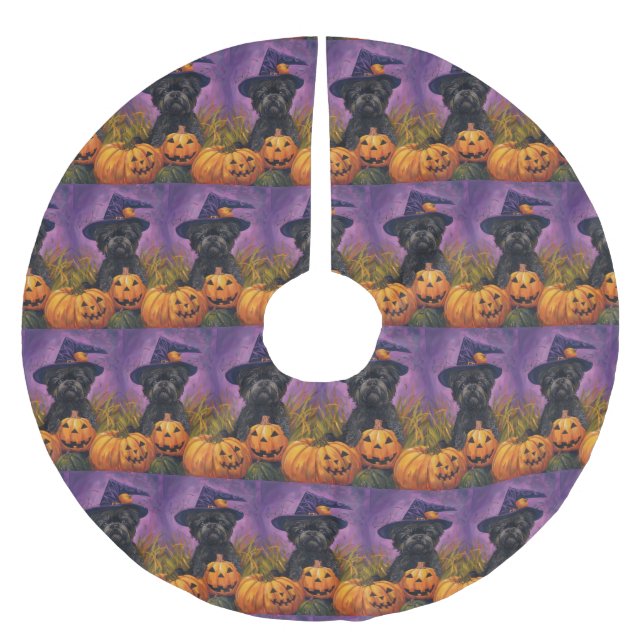 Spooky Affenpinscher Halloween Witch och Pumpkin Julgransmatta Borstad Polyester (Framsidan)