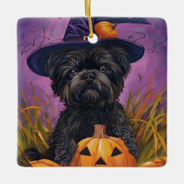Spooky Affenpinscher Halloween Witch och Pumpkin Julgransprydnad Keramik (Framsida)