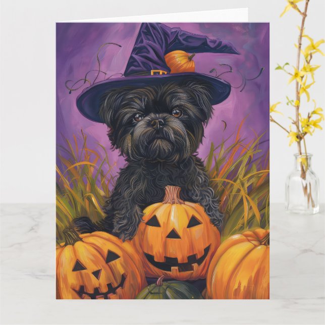 Spooky Affenpinscher Halloween Witch och Pumpkin Kort (Gul blomma)