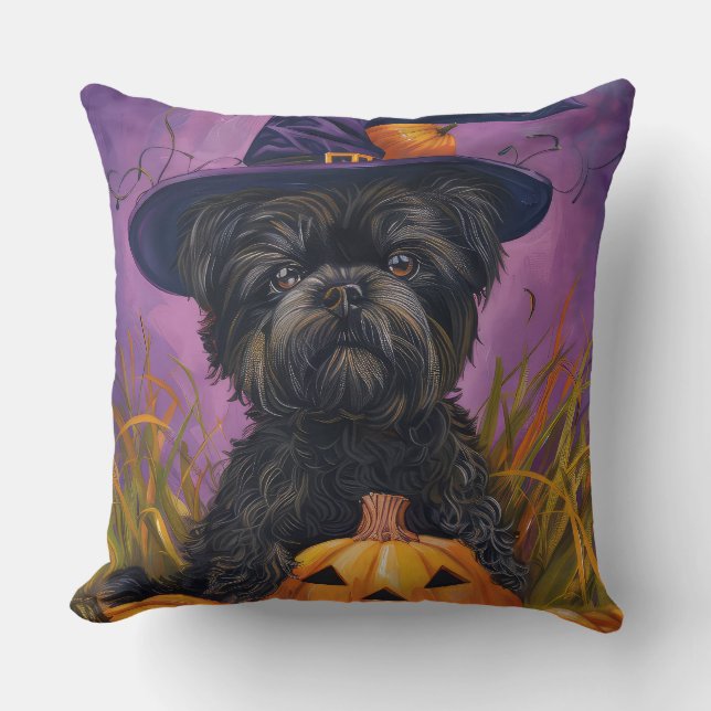 Spooky Affenpinscher Halloween Witch och Pumpkin Kudde (Framsida)