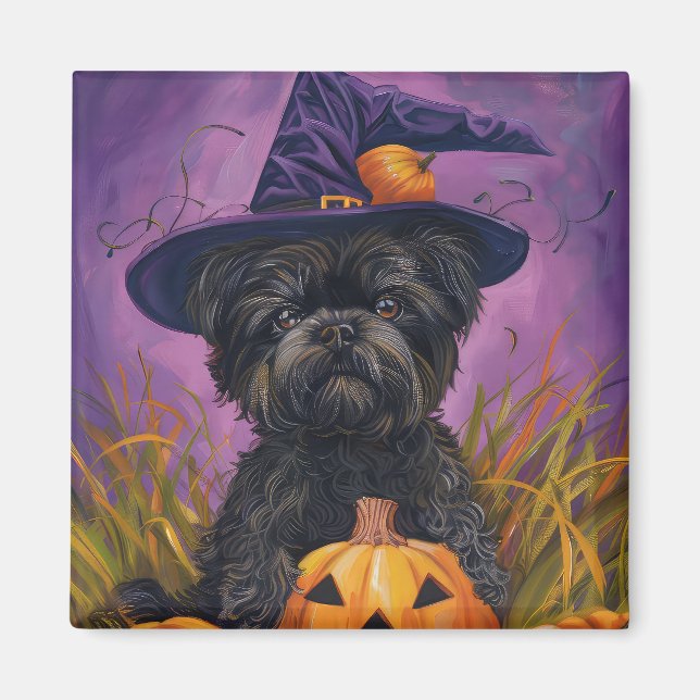 Spooky Affenpinscher Halloween Witch och Pumpkin Magnet (Framsidan)