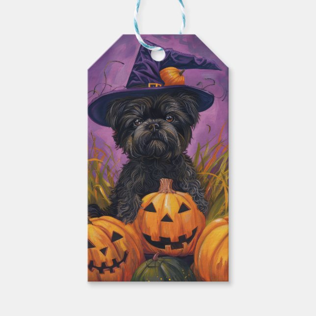 Spooky Affenpinscher Halloween Witch och Pumpkin Presentetikett (Framsidan)