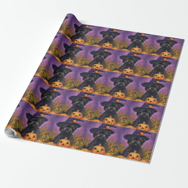 Spooky Affenpinscher Halloween Witch och Pumpkin Presentpapper (Utrullad)