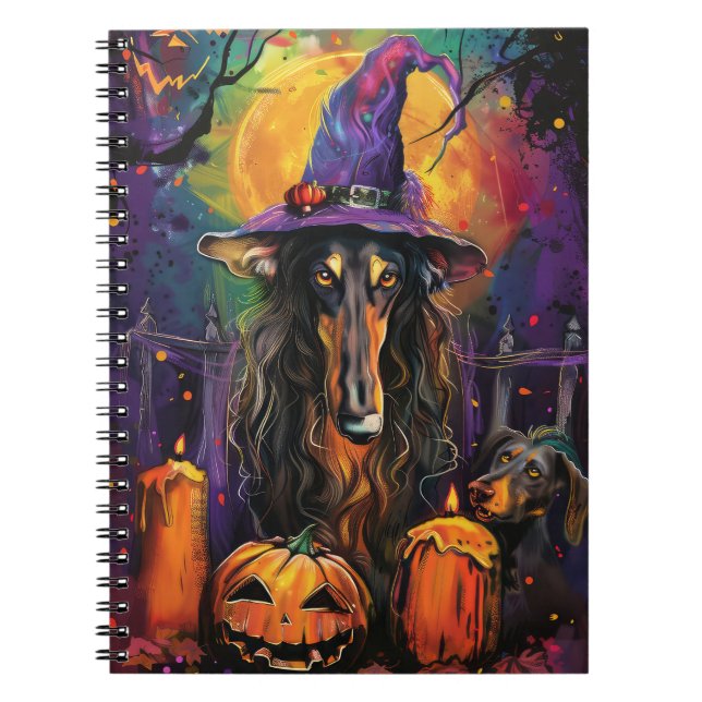 Spooky Afghan Hound Halloween Witch och Pumpkin Anteckningsbok (Framsidan)
