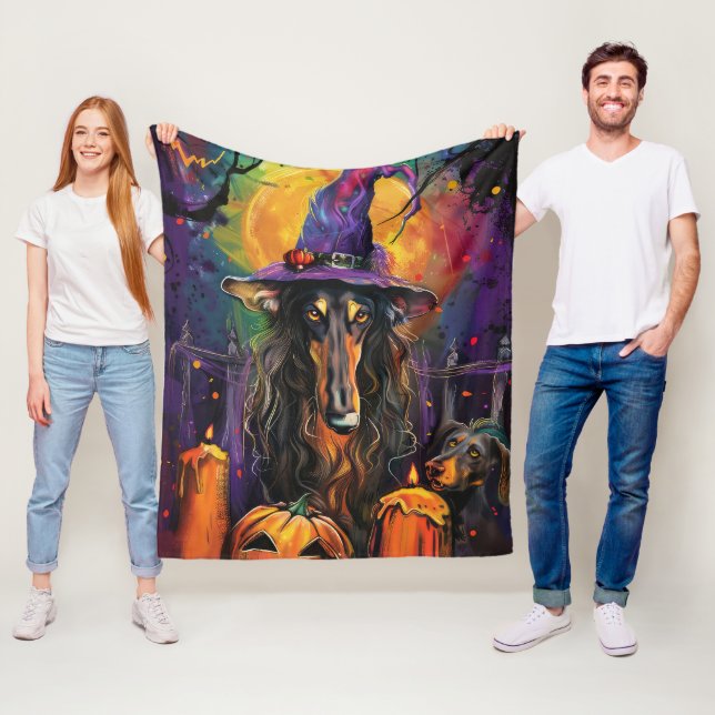 Spooky Afghan Hound Halloween Witch och Pumpkin Fleecefilt (På plats)