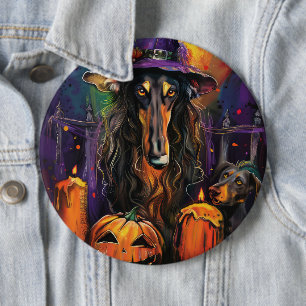 Spooky Afghan Hound Halloween Witch och Pumpkin Knapp