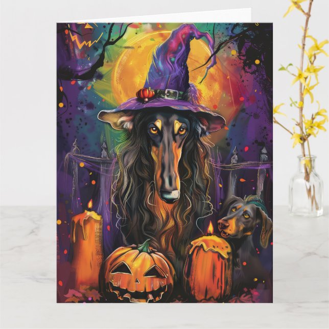 Spooky Afghan Hound Halloween Witch och Pumpkin Kort (Gul blomma)