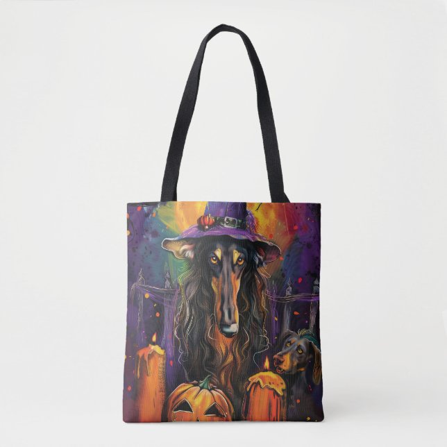 Spooky Afghan Hound Halloween Witch och Pumpkin Tygkasse (Framsida)