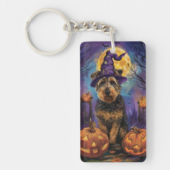 Spooky Airedale Halloween Witch och Pumpkin (Framsidan)