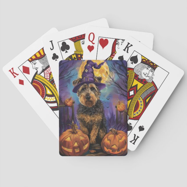 Spooky Airedale Halloween Witch och Pumpkin Casinokort (Baksidan)